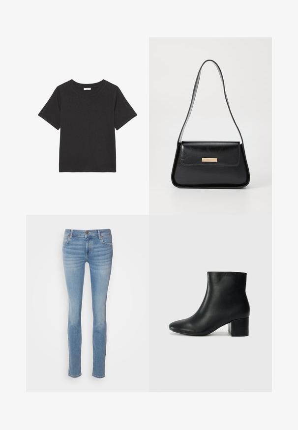 Črna majica s kratkimi rokavi iz mehkega materiala, s krožnim izrezom. Oblikovanje je preprosto, brez vidnih vzorcev ali dodatkov.; Svijetloplave uske traperice s klasičnim pet džepova, srednjim strukom i suptilnim izblijeđenjem duž nogu.; Črne usnjene gležnjarje s koničastim nosom in debelim peto. Gladka tekstura z minimalnimi detajli in eleganten, prilegajoč dizajn.; Črna usnjena torbica z obliko trikotnika, ozkim trakom in zlatimi dodatki, ki vključujejo oznako na sprednjem poklopcu.