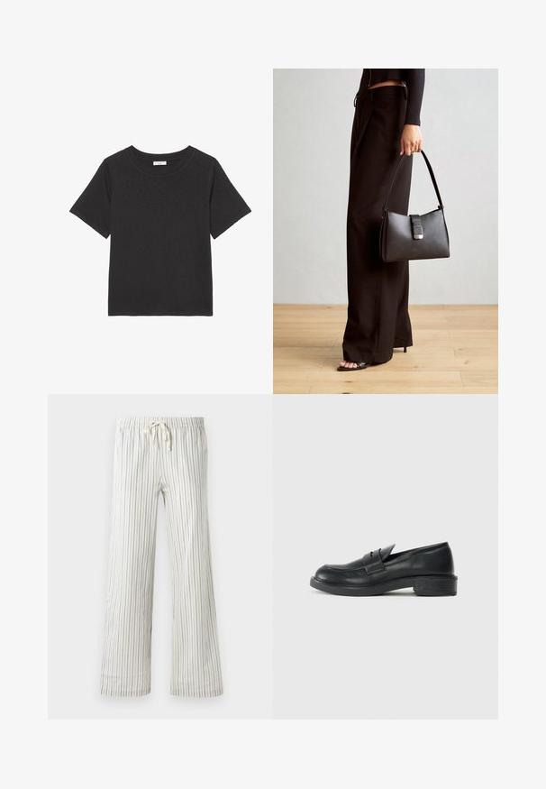 Crna majica izrađena od mekog materijala, s okruglim izrezom i kratkim rukavima. Dizajn je jednostavan bez vidljivih uzoraka ili akcenata.; Bijele hlače s rastezljivom šnalo i tankim vertikalnim plavim crtama, prikazane sprijeda na jednostavnom pozadinskom uzorku.; Crne kožne loaferice s zaobljenim vrhom, šivanim detaljima i malim potplatom. Glatka tekstura i fleksibilna gumena potpora.; Crna torba s oblikom koji sadrži strukturu, glađu teksturu i metalnu kopču. Uparena s širokim crnim hlačama i sandalama na otvorenom s drvenog poda.