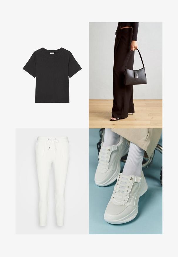 Camiseta negra hecha de una tela suave, con cuello redondo y mangas cortas. El diseño es simple, sin patrones ni acentos visibles.; Pantalones de chándal blancos de tejido suave, con cintura elástica ajustable, dos bolsillos laterales y un ajuste tapered sin patrones ni acentos visibles.; Zapatillas blancas con material de malla, suela de goma, diseño sin cordones con bandas elásticas y detalles en tono dorado.; Bolso negro con forma estructurada, textura suave y un cierre metálico. Combinado con pantalones anchos negros y sandalias de dedo en un suelo de madera.