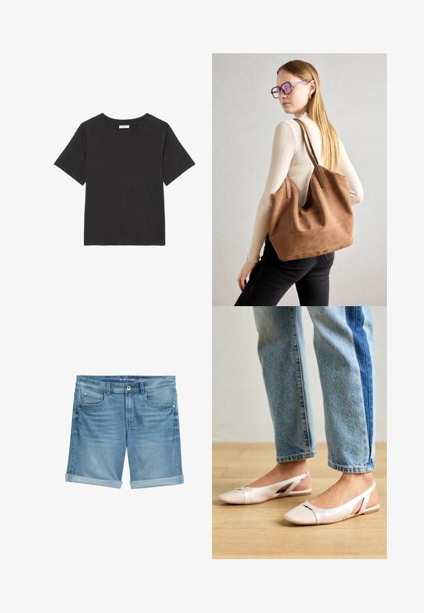 Camiseta negra hecha de una tela suave, con cuello redondo y mangas cortas. El diseño es simple, sin patrones ni acentos visibles.; Pantalones cortos de mezclilla en azul claro con un acabado desgastado, con dobladillos enrollados, diseño de cinco bolsillos y cierre de botón metálico en la cintura.; Bailarinas de color rosa pálido con tiras traseras y punta puntiaguda, fabricadas con un material similar al cuero suave. Presentan detalles recortados en los laterales y un tacón plano.; Bolso de tote de ante marrón con textura suave, gran abertura y asas largas. Presenta un diseño sencillo con costuras visibles y sin herrajes.