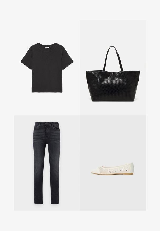 Crna majica izrađena od mekog materijala, s okruglim izrezom i kratkim rukavima. Dizajn je jednostavan bez vidljivih uzoraka ili akcenata.; Crne traperice od denima ravnog kroja. Imaju pet džepova, kopčanje na gumb i petlje za remen. Tkanina ima glatku teksturu i blagu elastičnost.; Balerina s izduženim vrhom od krem kože s prozirnim gornjim dijelom i raspršenim rhinestones. Mekana potplat za udobnost, minimalistički dizajn.; Crna tkana torba s dva čvrsta držača, s sjajnom teksturom i prostornim dizajnom bez zatvaranja.