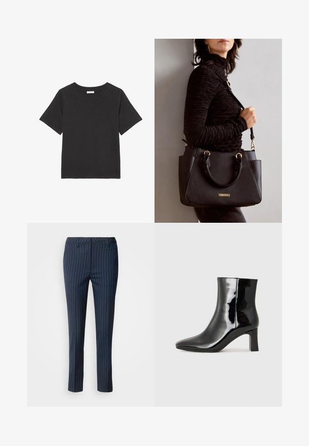 Sort t-shirt lavet af blødt stof, med en rund halsudskæring og korte ærmer. Designet er simpelt uden synlige mønstre eller detaljer.; Mørkeblå stripes bukser lavet af vævet stof, med en skræddersyet pasform, lige ben design og forlommer med en glat tekstur.; Sort lakeret ankelstøvle med spids tå og en midt-højde blokhæl. Glat tekstur og minimalistisk design.; Sort håndtaske med struktureret overflade, dobbelt topbærere og justerbar skulderrem. Udstyret med guldfarvet metalhardware og sidelommer.