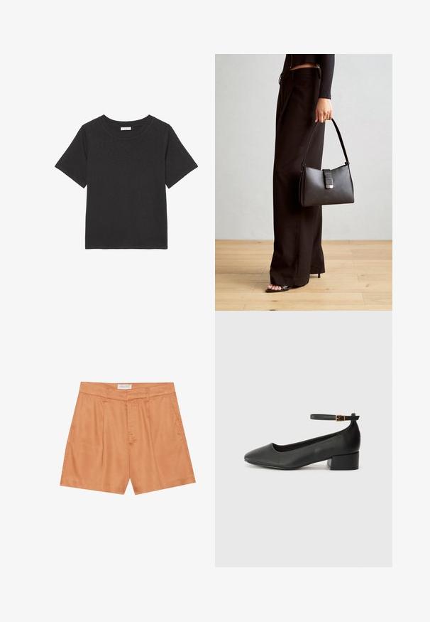 Melnā T-kreklā, izgatavotā no mīkstas auduma, ir apaļš kakls un īsas piedurknes. Dizains ir vienkāršs, bez redzamām rakstām vai akcentiem.; Oranžas plisētas šortas, kas izgatavotas no gludas auduma, ar priekšējo rāvējslēdzēju, jostas cilpām un sānu kabatām. Etiķete saka "ANNA FIELD."; Melnas ādas sūkņi ar smailu purngalu un zemu bloku papēdi. Iezīmēts ar potītes siksniņu ar zelta krāsas sprādzi. Gluda tekstūra.; Melnā somiņa ar strukturētu formu, gludu tekstūru un metālu sprādzi. Saskaņota ar platām melnām biksēm un sandālēm ar atvērtu purngalu uz koka grīdas.