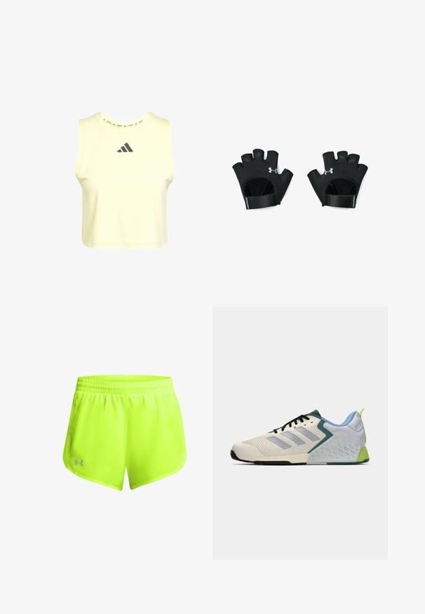 Kratka brezrokavnik iz mehkega rumenega blaga z okroglim izrezom in temno sivo Adidasovo logo na prsih. Gladka tekstura.; Neonsko rumene športne kratke hlače z elastiko v pasu, lahka tkanina in stranska žepa. Imajo majhen sivi logotip na spodnjem robu.; Lahki atletski čevlji z zgornjim delom iz kremaste mreže, sivimi črtami, zelenim poudarkom in teksturiranim modrim petnim delom. Črni vezalke.; Črne, brezprstne telovadne rokavice z nastavljivim zapestjem. Imajo strukturo za boljši oprijem in izstopajoči logotip na hrbtni strani. Trajen material.