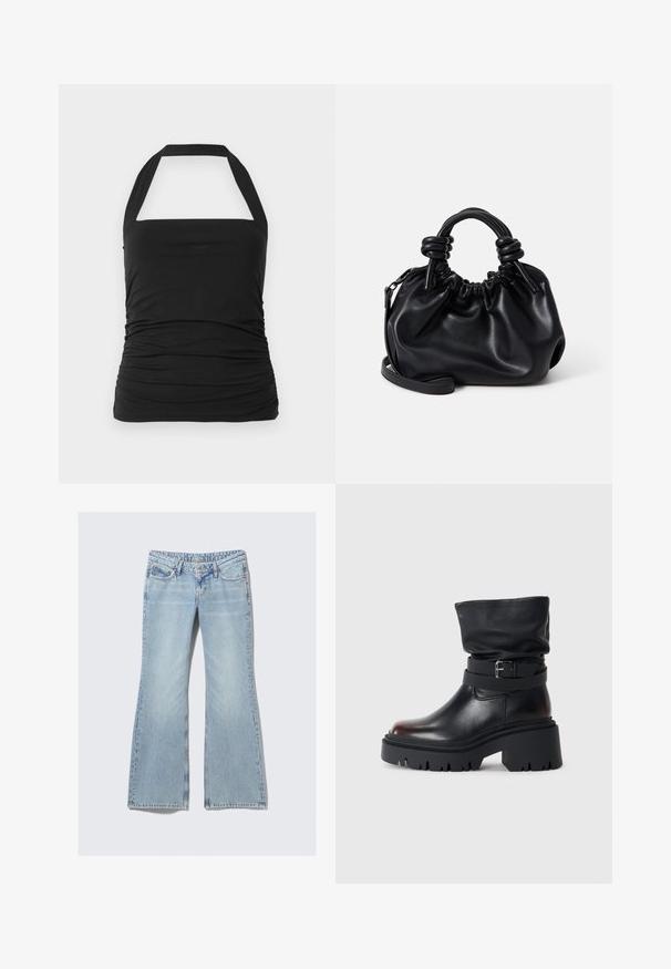 Must mustriga top musta värviga, ruudukujulise kaelusega, külgedel kogutud tekstuuriga ja laiade rihmadega. Valmistatud pehmest ja venivast kangast.; Weekday NOVA - Liibuvad teksad - lip blue; Mustmustest mustat, millel on venivad ülendid, klamberdetail ja paks, robustne talla. Omab ümarat künarnukki ja sileda tekstuuri.; Must must bag, mille kootud disain, lühikesed ümarad käepidemed ja eemaldatav õlavööt. Sile tekstuur pehme siluettiga.