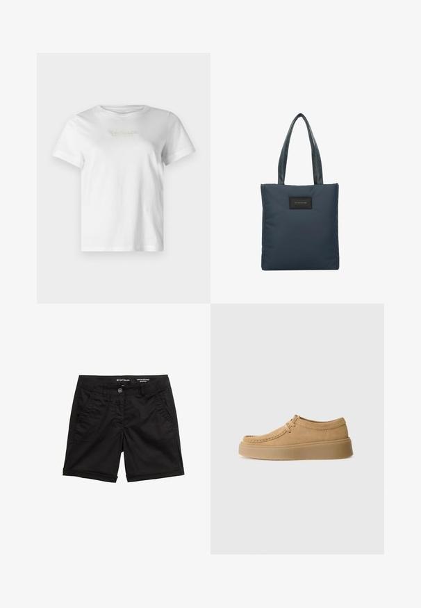 T-shirt bianco in cotone a maniche corte, con logo del marchio testurizzato in oro e grigio sul fronte. Collo tondo classico, vestibilità casual.; Bermuda shorts neri in cotone misto, con chiusura a bottone, due tasche frontali e orlo arrotolato. Texture liscia, design classico.; Scarpa da uomo in suede beige con lacci e suola spessa, vista laterale, su uno sfondo grigio chiaro uniforme.; Borsa a tracolla blu navy realizzata in nylon liscio, con due manici texturizzati e una patch rettangolare nera con logo sul fronte.