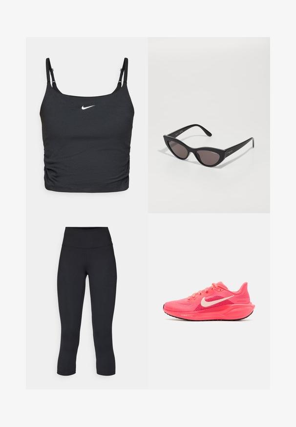 Crop top de sport noir avec des bretelles fines et ajustables, présentant un logo Nike blanc sur la poitrine et un design froncé en bas. Texture lisse.; Leggings noirs coupés en tissu extensible, avec une taille haute et une texture lisse, sans motifs ni éléments visibles.; Nike Performance AIR ZOOM PEGASUS 41 - Chaussures de running sur route - pink; Lunettes de soleil cat-eye avec une monture noire mate et des verres sombres, comportant un logo "vogue" sur le côté et une forme angulaire distinctive.