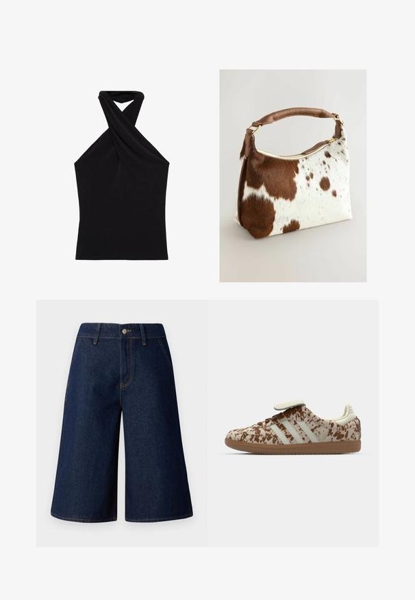 Čierny halter-top vyrobený z hladkej látky, s prekrúteným dizajnom výstrihu a priliehavou siluetou. Bez vzorov alebo viditeľných kovových častí.; Džínové culottes v tmavomodrej farbe s voľným strihom. Obsahujú predné vrecká, zapínanie na gombík a kontrastné žlté šitie pozdĺž švov.; Tenisky s béžovo-hnedým škvrnitým vzorom, ktorá má tri biele pruhy, suchý zips a hnedú gumovú podrážku.; Kabelka z kravskej kože s hnedo-bielym škvrnitým vzorom, hnedým koženým popruhom, zlatým zipsom a jemnou textúrou. Štruktúrovaný tvar s zaoblenými hranami.