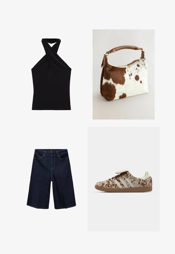 Zwart haltertop gemaakt van gladde stof, met een gedraaide halslijn en een aansluitende uitstraling. Geen patronen of zichtbare hardware.; Donkerblauwe denim bermudashorts met een relaxte pasvorm, voorzien van twee voorkampen, gele stiksels en een tailleband met riemlussen.; Sneaker met een beige en bruine gespikkelde patroon, voorzien van drie witte strepen, een klittenbandsluiting en een bruine rubberen zool.; Koeienhuid handtas met een bruin en wit gespikkeld patroon, bruine leren band, gouden rits en zachte textuur. Gestructureerde vorm met ronde hoeken.