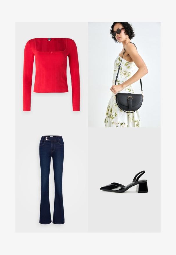 Raudonas ilgomis rankovėmis džemperis su kvadratiniu iškirpimu, reljefine tekstūra ir centrine kinką. Pagamintas iš elastingos medžiagos, kad gerai priglustų.; Tamsiai mėlynos plačios džinsinės kelnės su aukštu liemeniu, dviem priekinėmis kišenėmis ir dviem mygtukais. Pagamintos iš lygios tekstūros džinsinio audinio.; Juodos lakuotos odinės šlepetės su smailiu pirštu ir geometriniu bloko kulnu. Turi elegantišką, minimalistinį dizainą ir lygų paviršių.; Juodas odinis krepšys su išlenkta forma, nuimamu dirželiu ir auksiniais detalėmis. Krepšys turi kilpą su sagtimi.