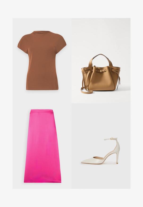 Rjava kratka majica s kratkimi rokavi, izdelana iz mehkega blaga, z okroglim ovratnikom in sproščenim krojem, z gladko teksturo in brez vidnih vzorcev.; Fuksijasto midi krilo A-linije iz gladkega materiala z visokim pasom in čistimi robovi. Lahka in brezšivna zasnova.; Bela usnjena čevlja na visoki peti z ozkim prstom, trakom okoli gležnja in tanko stiletto peto. Gladka tekstura z rahlim sijočim finišem.; Tory Burch ROMY PEBBLED SATCHEL - Torbica - tiramisu