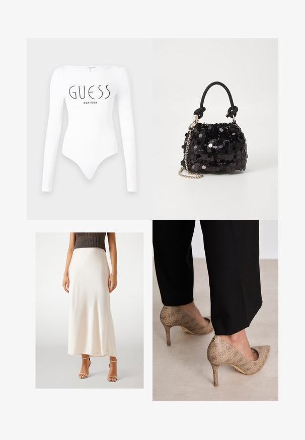 Witte lange mouw bodysuit met een ronde hals. Voorzien van het 'GUESS' logo en 'EST.1981' in het zwart gedrukt op de voorkant. Soepele textuur.; Crème satijnen maxi rok met een gladde textuur, zittend op de taille, met een zijsplit, gecombineerd met gouden bandjes hakken.; Beige hoge hakken met een gestructureerde stof met een herhalend patroon. Puntige neusontwerp met een achteraccent en gouden hakdetail.; Zwarte pailletten mini handtas met een geknoopte textuurriem en zilveren ketting. Rondvormig met een geplooide bovenkant en reflecterende details.
