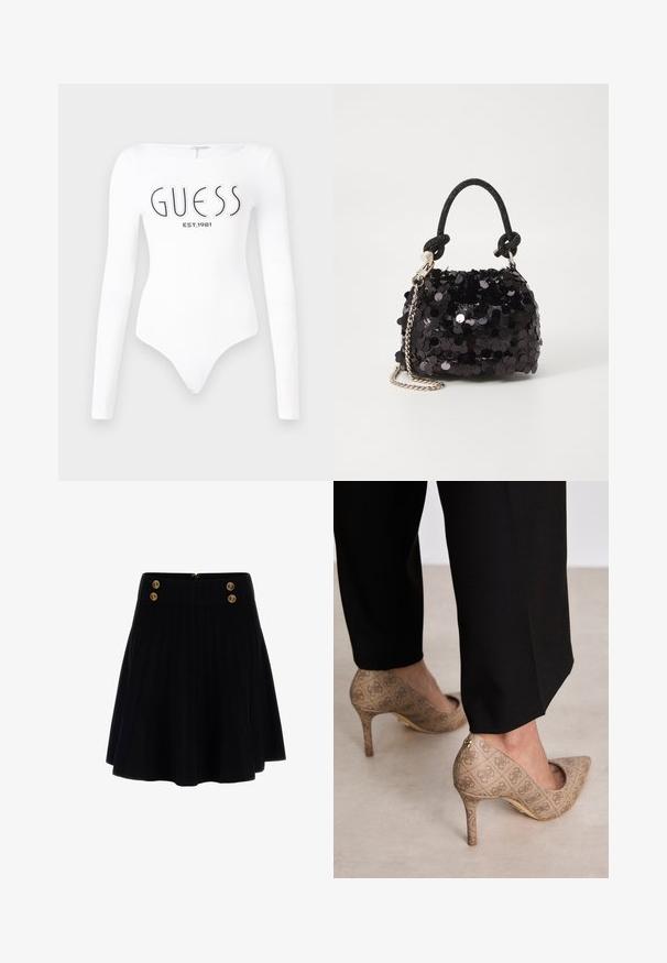 Valkoinen pitkähiha bodysuit, jossa on pyöreä pääntie. Edessä mustalla painettuna "GUESS" -logo ja "EST.1981". Sujuva rakenne.; Mustat laskostetut hameet, joissa on tekstuuri, kultaiset koristeelliset napit vyötäröllä ja piilotettu vetoketju takana.; Beige korkokenkiä, joissa on teksturoitu kangas, jossa on toistuva kuvio. Teräväkärkinen muotoilu, takana korostus ja kultaiset korkodetaalit.; Mustan paljetti-minilaukku, jossa on solmittu teksturoidu hihna ja hopeaketju. Pyöreä muoto, joissa on rypistetty yläosa ja heijastava yksityiskohta.