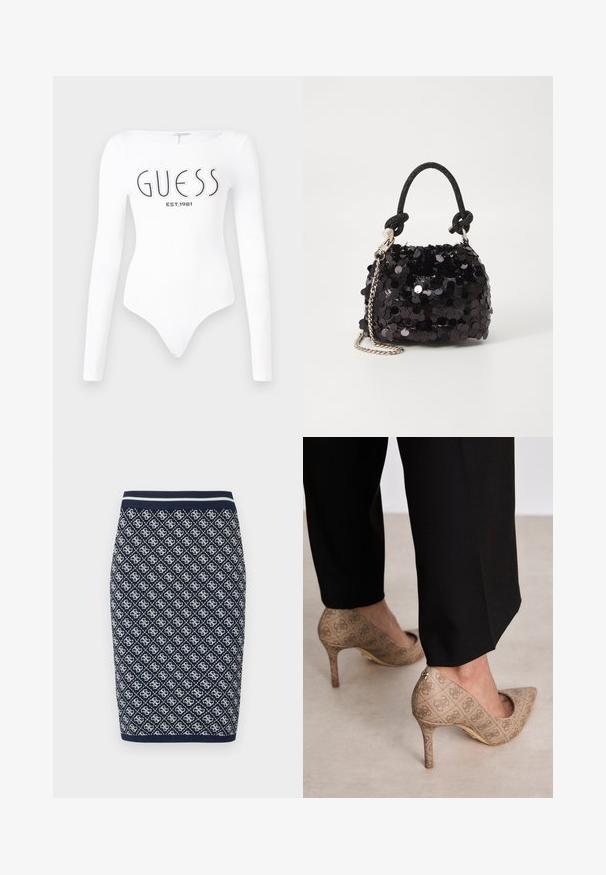 Weißer Langarm-Bodysuit mit Rundhalsausschnitt. Auf der Vorderseite mit "GUESS"-Logo und "EST.1981" in Schwarz bedruckt. Glatte Textur.; Strick-Bleistiftrock in Marineblau und Weiß mit einem diamantförmigen geometrischen Muster. Verfügt über einen gestreiften, elastischen Taillenbund und eine glatte Textur.; Beige High Heels aus strukturiertem Stoff mit einem sich wiederholenden Muster. Spitz zulaufendes Design mit einer Rückenausschnitt und goldenen Absatz.; Schwarze Pailletten-Mini-Handtasche mit einem geknoteten, strukturierten Tragegurt und einer silbernen Kette. Abgerundete Form mit gerafftem oberen Teil und reflektierenden Details.