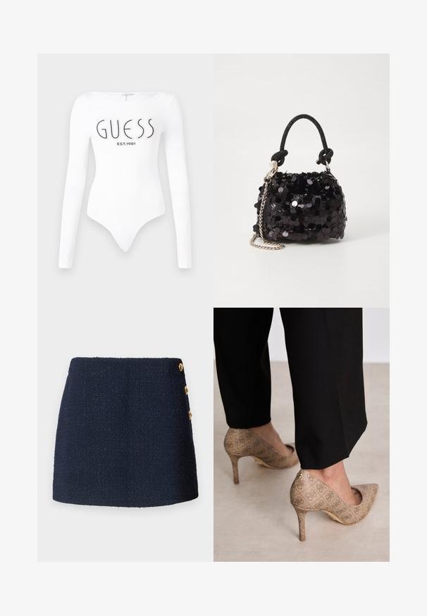 Hosszú ujjas, fehér body, kerek nyakkivágással. Elöl a "GUESS" logó és az "EST.1981" felirat fekete színben látható. Sima textúrával rendelkezik.; Sötétkék textúrázott mini szoknya, három díszes arany gombbal az oldalon.; Beige magassarkú cipők texturált anyagból, ismétlődő mintával. Hegyes orrú kialakítás, hátsó díszítéssel és arany sarkú részlettel.; Fekete flitteres mini kézitáska csomózott textúrájú pánttal és ezüst lánccal. Lekerekített forma, ráncolt tetejével és fényvisszaverő részletekkel.