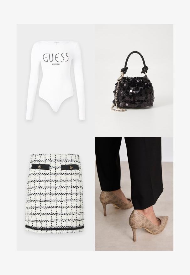 Bodysuit blanco de manga larga con escote redondo. Presenta el logo "GUESS" y "EST.1981" impresos en negro en la parte frontal. Textura suave.; Minifalda de tweed en blanco y negro, con un patrón de cuadrícula, detalles en negro, dos bolsillos frontales y botones dorados.; Zapatos de tacón altos beige con una tela texturizada que presenta un patrón repetitivo. Diseño de punta afilada con un acento en la parte trasera y detalle de tacón dorado.; Bolso de mano mini negro con lentejuelas, con una correa de textura anudada y cadena plateada. Forma redondeada con parte superior fruncida y detalles reflectantes.
