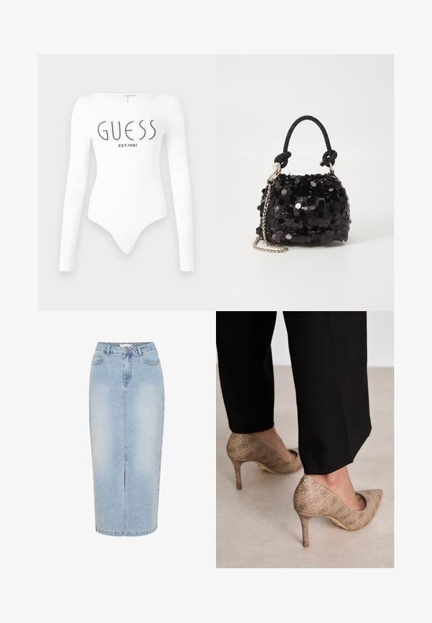 Valge pika varrukaga bodi ümarate kraega. Ees on musta värviga prinditud "GUESS" logo ja "EST.1981". Sile tekstuur.; Heled sinine denim midi-seelik sirge lõike, ees oleva lõhiku ja nähtava õmblusega. Omab nööbikinnitust ja vöörihmasid.; Beige kõrged kontsad, mis on valmistatud tekstureeritud kangast, millel on korduv muster. Terava nina disain tagakülje aktsendi ja kuldse kontsiga.; Must have mustrõngus mustal sädelev mini käekotil on sõlme tekstuuriga rihm ja hõbedane ketis. Ümar kuju, kokku kogutud ülaosa ja peegeldav detail.
