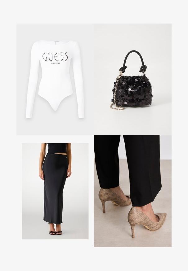 Biely dlhý rukáv body s okrúhlym výstrihom. Na prednej strane sa nachádza čierne logo "GUESS" a nápis "EST.1981". Hladká textúra.; Čierna saténová dlhá sukňa s hladkým dizajnom, ktorá má jemný lesk a bočný rozparok, doplnená o čierne sandále na opätku.; Béžové lodičky na vysokom opätku s textúrovanou tkaninou a opakujúcim sa vzorom. Dizajn so špicatou špičkou, zadným akcentom a zlatým detailom na opätku.; Čierna mini kabelka so štrasom, s uzlovým textúrovaným popruhom a strieborným reťazom. Guľatý tvar s riaseným vrchom a reflexnými detailmi.
