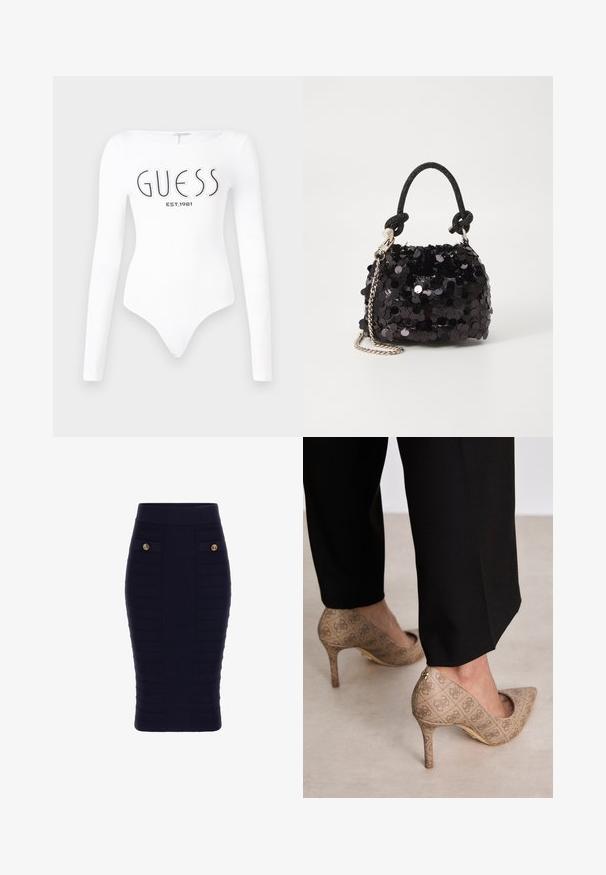 Weißer Langarm-Bodysuit mit Rundhalsausschnitt. Auf der Vorderseite mit "GUESS"-Logo und "EST.1981" in Schwarz bedruckt. Glatte Textur.; Marineblaue gerippte Midi-Rock mit hohem Bund, ausgestattet mit zwei frontalen Taschen und goldfarbenen Knöpfen als Akzenten, hergestellt aus einem strukturierten Stoff.; Beige High Heels aus strukturiertem Stoff mit einem sich wiederholenden Muster. Spitz zulaufendes Design mit einer Rückenausschnitt und goldenen Absatz.; Schwarze Pailletten-Mini-Handtasche mit einem geknoteten, strukturierten Tragegurt und einer silbernen Kette. Abgerundete Form mit gerafftem oberen Teil und reflektierenden Details.