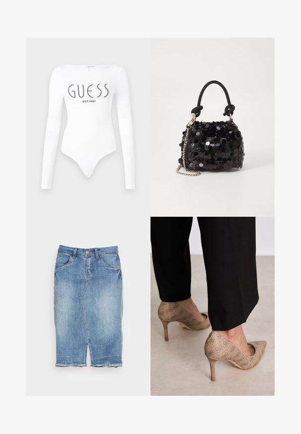 Biely dlhý rukáv body s okrúhlym výstrihom. Na prednej strane sa nachádza čierne logo "GUESS" a nápis "EST.1981". Hladká textúra.; Džínová sukňa svetlomodrej farby, po kolená s rovnom strihom. Má rozstrapkaný lem a klasický dizajn s piatimi vreckami. Zapínanie na gombík a zips.; Béžové lodičky na vysokom opätku s textúrovanou tkaninou a opakujúcim sa vzorom. Dizajn so špicatou špičkou, zadným akcentom a zlatým detailom na opätku.; Čierna mini kabelka so štrasom, s uzlovým textúrovaným popruhom a strieborným reťazom. Guľatý tvar s riaseným vrchom a reflexnými detailmi.
