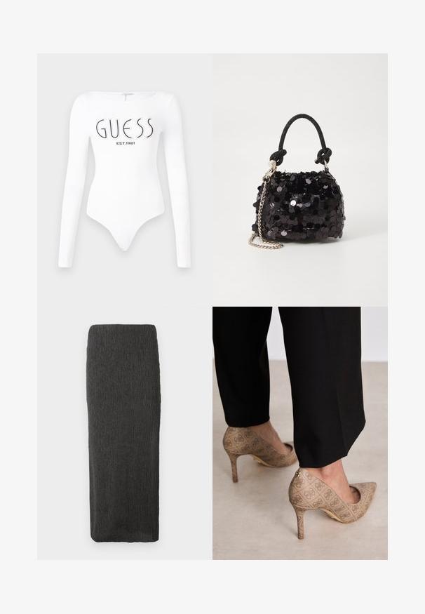 Weißer Langarm-Bodysuit mit Rundhalsausschnitt. Auf der Vorderseite mit "GUESS"-Logo und "EST.1981" in Schwarz bedruckt. Glatte Textur.; Langer, gerader schwarzer Rock mit Struktur, hoher Taille und leicht zulaufendem Saum auf einem weißen Hintergrund.; Beige High Heels aus strukturiertem Stoff mit einem sich wiederholenden Muster. Spitz zulaufendes Design mit einer Rückenausschnitt und goldenen Absatz.; Schwarze Pailletten-Mini-Handtasche mit einem geknoteten, strukturierten Tragegurt und einer silbernen Kette. Abgerundete Form mit gerafftem oberen Teil und reflektierenden Details.