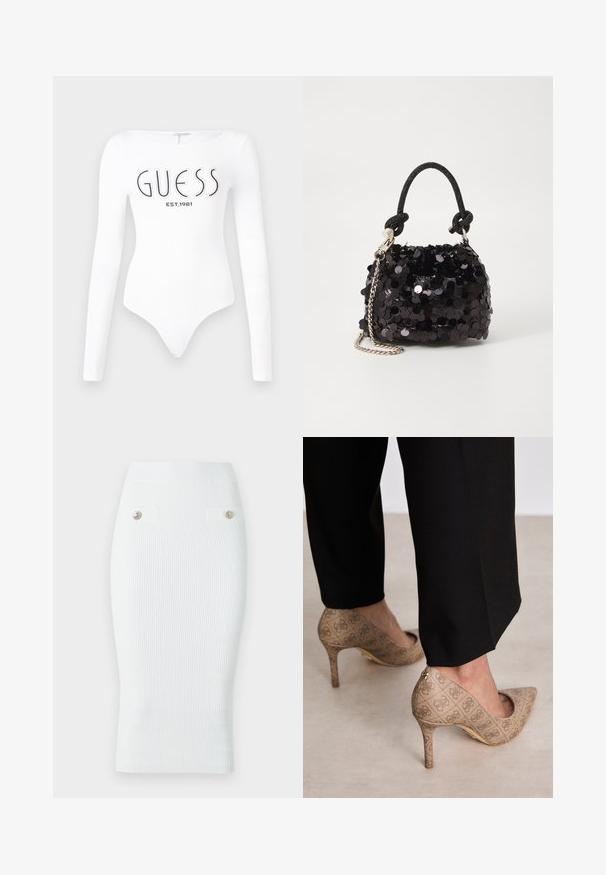 Witte lange mouw bodysuit met een ronde hals. Voorzien van het 'GUESS' logo en 'EST.1981' in het zwart gedrukt op de voorkant. Soepele textuur.; Witte geribbelde kokerrok met een aangesloten silhouet, textuurstof, elastische tailleband en twee decoratieve knopen in goudkleur.; Beige hoge hakken met een gestructureerde stof met een herhalend patroon. Puntige neusontwerp met een achteraccent en gouden hakdetail.; Zwarte pailletten mini handtas met een geknoopte textuurriem en zilveren ketting. Rondvormig met een geplooide bovenkant en reflecterende details.