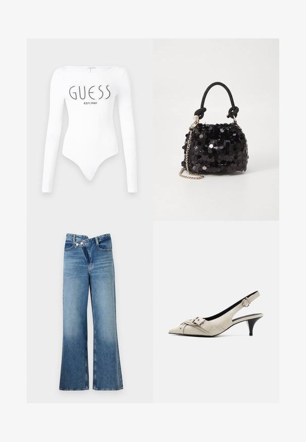 Hvit langermet bodysuit med rund halslinning. Har "GUESS"-logo og "EST.1981" trykt i svart på forsiden. Glatt tekstur.; Lyseblå denim flared jeans med høy midje, med to knapper og frontlommer. Stoffet har en falmet tekstur med subtile variasjoner.; Beige slingback hæle med spidse tæer, der har en spænde detalje og sølv accenter, sat på en slank sort hæl. Suede tekstur.; Svart paljettmini-veske med en knyttet teksturert stropp og sølvkjede. Rund form med samlet topp og reflekterende detaljer.