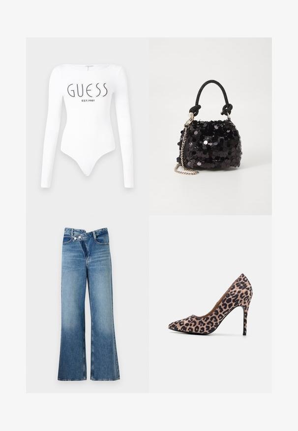 Body à manches longues blanc avec un col rond. Présente le logo "GUESS" et "EST.1981" imprimés en noir sur le devant. Texture lisse.; Jean en denim bleu clair évasé à taille haute, doté de deux boutons et de poches avant. Le tissu a une texture décolorée avec des variations subtiles.; Chaussure à talons aiguilles en imprimé léopard avec un bout pointu, en tissu texturé, talon stiletto de 10 cm et doublure intérieure lisse.; Mini sac à main en sequins noirs avec une bandoulière texturée nouée et une chaîne argentée. Forme arrondie avec un haut froncé et des détails réfléchissants.