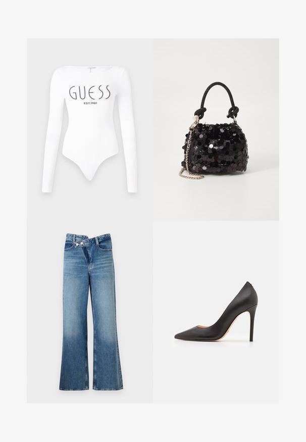 Bijela bodysuit s dugim rukavima i okruglim izrezom. Na prednjoj strani ispisani su "GUESS" logo i "EST.1981" u crnoj boji. Glatka tekstura.; Svijetloplave traperice s izrezom i visokim strukom, s dva gumba i prednjim džepovima. Tkanina ima izblijeđenu teksturu s suptilnim varijacijama.; Crne kožne štikle s visokim potpeticama, šiljastog vrha i glatkom teksturom, s vitkom potpeticom i minimalističkim dizajnom.; Crna mini torbica sa šljokicama, s čvorastim teksturiranim remenom i srebrnim lancem. Zaobljenog oblika s naboranim vrhom i reflektivnim detaljima.