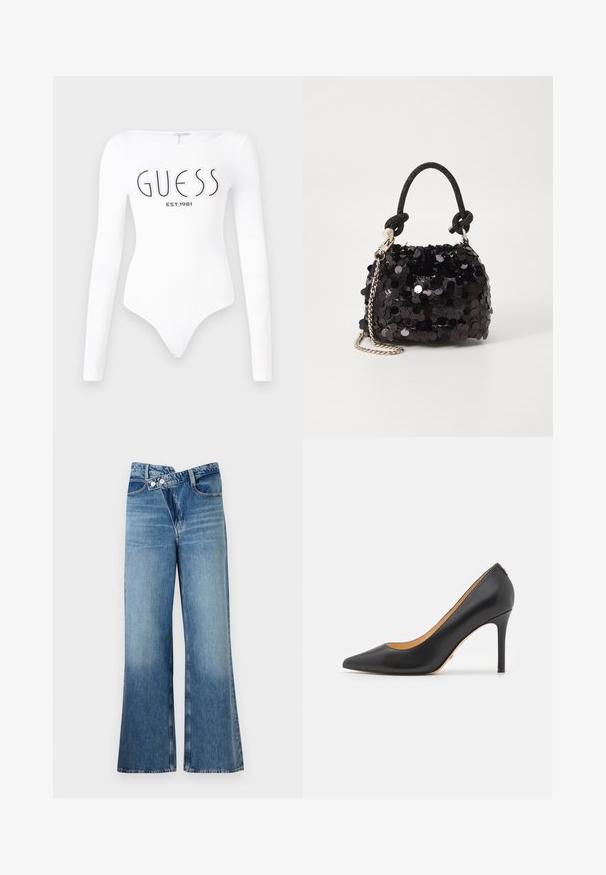 Bela dolgimi rokavi body s krožnim izrezom. Na sprednji strani je natisnjen logotip "GUESS" in "EST.1981" v črni barvi. Gladka tekstura.; Svijetloplave traperice s flared krojem i visokim strukom, koje se zatvaraju s dva gumba i imaju prednje džepove. Tkanina ima izblijedjeli izgled s suptilnim varijacijama.; Črne usnjene čevlje s špicastim prstom in stiletto peto, ki se ponašajo s gladko teksturo in minimalističnim dizajnom. Notranjost je obložena v peščeni barvi.; Črna mini torbica s palčkami iz bleščic, z vozlanim teksturiranim trakom in srebrnima verigama. Okrogla oblika z nabranim vrhom in odsevnimi detajli.