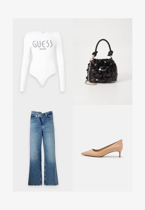 Bodysuit blanco de manga larga con escote redondo. Presenta el logo "GUESS" y "EST.1981" impresos en negro en la parte frontal. Textura suave.; Jeans de mezclilla azul claro acampanados con cintura alta, que cuentan con dos botones y bolsillos frontales. La tela tiene una textura desteñida con variaciones sutiles.; Zapato de tacón con punta en piel beige clara, con tacón bajo, superficie lisa y diseño minimalista con un sutil detalle en la parte trasera.; Bolso de mano mini negro con lentejuelas, con una correa de textura anudada y cadena plateada. Forma redondeada con parte superior fruncida y detalles reflectantes.