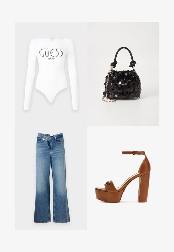 Bodysuit blanco de manga larga con escote redondo. Presenta el logo "GUESS" y "EST.1981" impresos en negro en la parte frontal. Textura suave.; Jeans de mezclilla azul claro acampanados con cintura alta, que cuentan con dos botones y bolsillos frontales. La tela tiene una textura desteñida con variaciones sutiles.; Sandalia de plataforma de tacón alto de cuero marrón con tira en el tobillo, punta cuadrada y detalles en metal dorado. Diseño de tacón cuadrado robusto.; Bolso de mano mini negro con lentejuelas, con una correa de textura anudada y cadena plateada. Forma redondeada con parte superior fruncida y detalles reflectantes.
