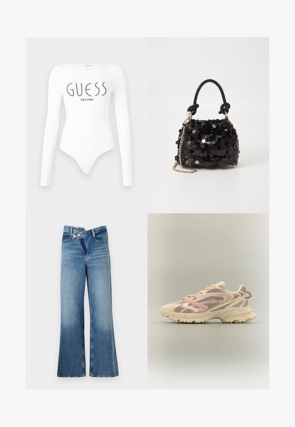 Białe body z długim rękawem i okrągłym dekoltem. Z przodu znajduje się nadrukowane na czarno logo "GUESS" oraz "EST.1981". Gładka tekstura.; Jasnoniebieskie dżinsy o fasonie dzwonów z wysokim stanem, z dwiema guzikami i kieszeniami z przodu. Materiał ma wyblakłą fakturę z subtelnymi odcieniami.; Buty biegowe z różowymi, beżowymi i kremowymi siateczkowymi oraz syntetycznymi overlayami, masywną podeszwą i teksturowaną podeszwą zewnętrzną dla lepszej przyczepności, widok z boku.; Czarna mini torebka z cekinami, z węzłowym, teksturowanym paskiem i srebrnym łańcuchem. O zaokrąglonym kształcie z marszczoną górą i refleksyjnymi detalami.