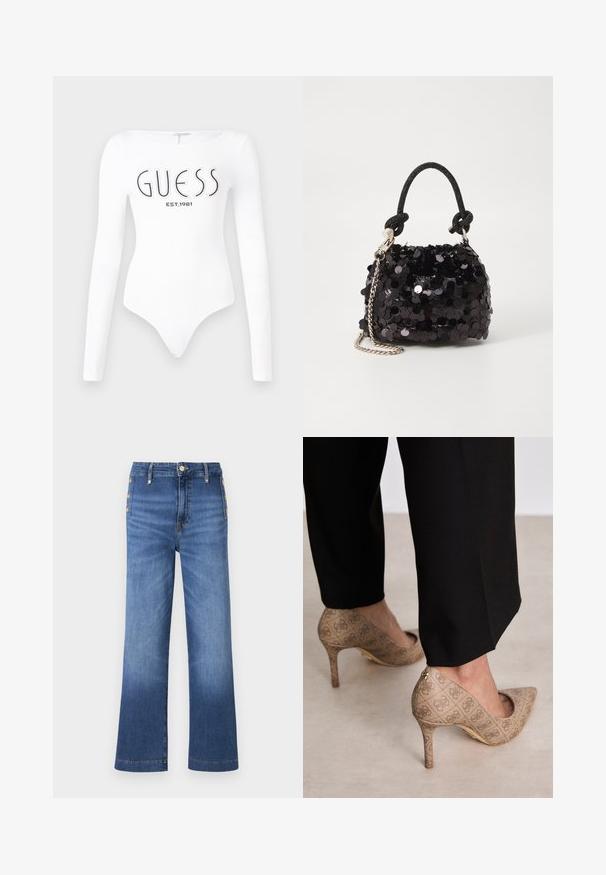 Bodysuit blanco de manga larga con escote redondo. Presenta el logo "GUESS" y "EST.1981" impresos en negro en la parte frontal. Textura suave.; Jeans de tiro ancho en azul, hechos de denim, con cierre de botón y cinco botones en el lado izquierdo, con un desvanecimiento gradual en las piernas.; Zapatos de tacón altos beige con una tela texturizada que presenta un patrón repetitivo. Diseño de punta afilada con un acento en la parte trasera y detalle de tacón dorado.; Bolso de mano mini negro con lentejuelas, con una correa de textura anudada y cadena plateada. Forma redondeada con parte superior fruncida y detalles reflectantes.
