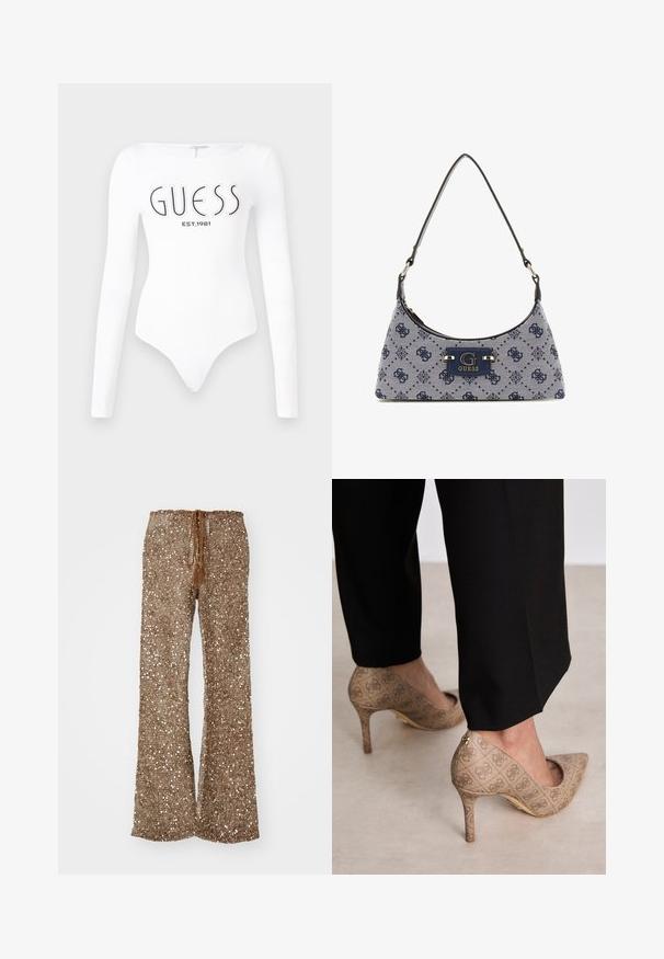 Hvid langærmet bodystocking med rund halsudskæring. Har "GUESS" logo og "EST.1981" trykt i sort på forsiden. Glat tekstur.; Brune flagrende bukser lavet af struktureret stof med sølvfarvede palietter, med en drawstring talje med frynser til justering.; Beige høje hæle med et struktureret stof, der har et gentaget mønster. Spids tådesign med en bagsideaccent og guldhælsdetail.; Hobo-stil håndtaske i mørkeblå stof med diamantmønster, der har en logo-plade og en glat skulderrem. Teksturoverflade.