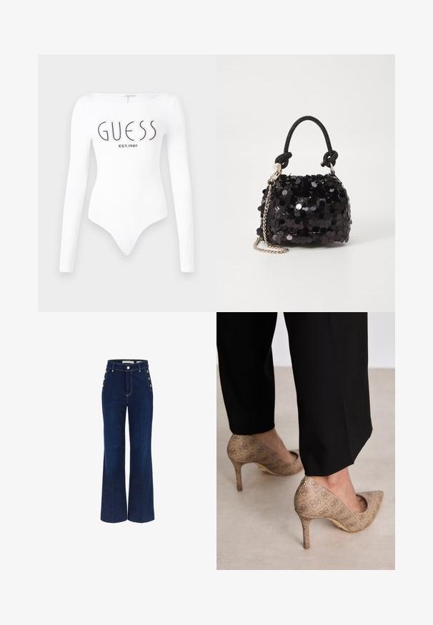 Valkoinen pitkähiha bodysuit, jossa on pyöreä pääntie. Edessä mustalla painettuna "GUESS" -logo ja "EST.1981". Sujuva rakenne.; Tummansiniset leveälahkeiset farkut, joissa on korkea vyötärö, sivuilla napituskoristelut ja sileä farkkutekstuuri.; Beige korkokenkiä, joissa on teksturoitu kangas, jossa on toistuva kuvio. Teräväkärkinen muotoilu, takana korostus ja kultaiset korkodetaalit.; Mustan paljetti-minilaukku, jossa on solmittu teksturoidu hihna ja hopeaketju. Pyöreä muoto, joissa on rypistetty yläosa ja heijastava yksityiskohta.