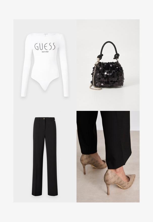 Witte lange mouw bodysuit met een ronde hals. Voorzien van het 'GUESS' logo en 'EST.1981' in het zwart gedrukt op de voorkant. Soepele textuur.; Zwarte op maat gemaakte broek met een rechte pijp, voorzien van een subtiele textuur, een sluiting met knoop aan de voorkant en een klassieke snit.; Beige hoge hakken met een gestructureerde stof met een herhalend patroon. Puntige neusontwerp met een achteraccent en gouden hakdetail.; Zwarte pailletten mini handtas met een geknoopte textuurriem en zilveren ketting. Rondvormig met een geplooide bovenkant en reflecterende details.