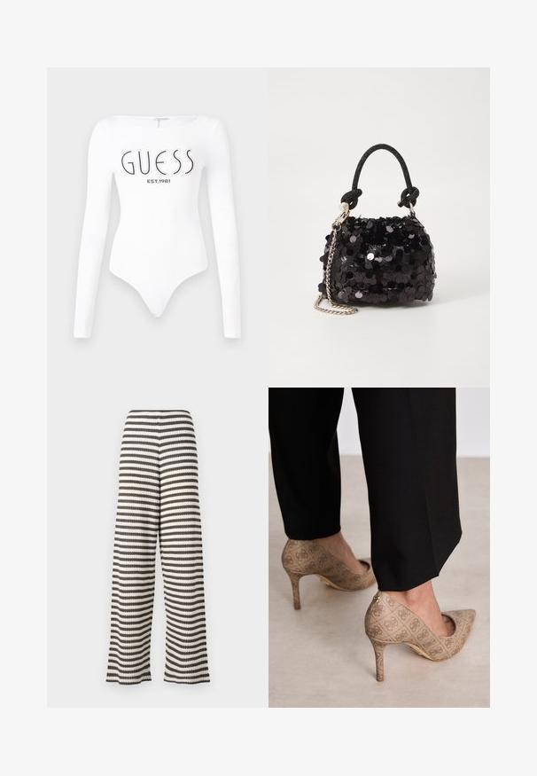 Hvit langermet bodysuit med rund halslinning. Har "GUESS"-logo og "EST.1981" trykt i svart på forsiden. Glatt tekstur.; Bredde bukser i svart og hvitt stripemønster, med en teksturert overflate og elastisk midje for komfort.; Beige høyhælte sko med teksturert stoff som har et gjentatt mønster. Spiss tådesign med bakdetalj og gullhelsjekk.; Svart paljettmini-veske med en knyttet teksturert stropp og sølvkjede. Rund form med samlet topp og reflekterende detaljer.