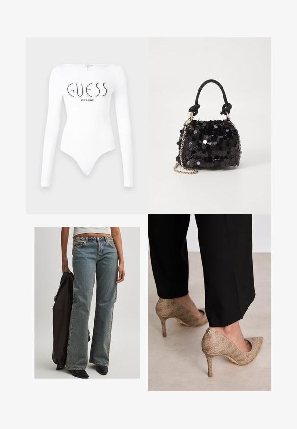 Valkoinen pitkähiha bodysuit, jossa on pyöreä pääntie. Edessä mustalla painettuna "GUESS" -logo ja "EST.1981". Sujuva rakenne.; Vaaleansinisen denim-kankaan farkut, joissa on rento istuvuus, keskipitkä vyötärö, näkyvät saumat ja klassinen viisi-taskuinen muotoilu. Mukana on myös mustat kengät ja tumma takki.; Beige korkokenkiä, joissa on teksturoitu kangas, jossa on toistuva kuvio. Teräväkärkinen muotoilu, takana korostus ja kultaiset korkodetaalit.; Mustan paljetti-minilaukku, jossa on solmittu teksturoidu hihna ja hopeaketju. Pyöreä muoto, joissa on rypistetty yläosa ja heijastava yksityiskohta.