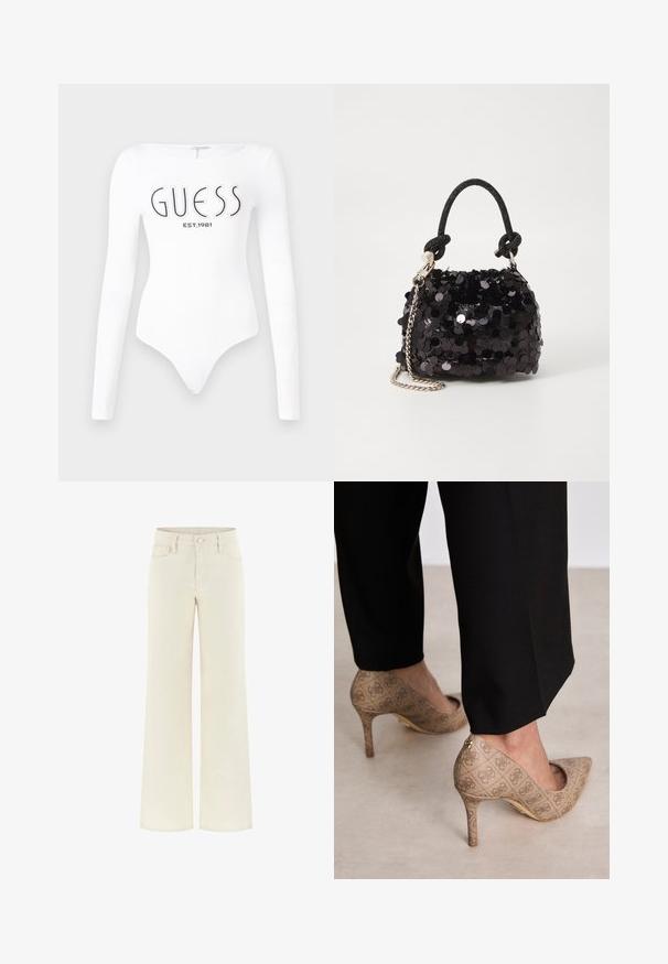White long-sleeve bodysuit with a round neckline. Features "GUESS" logo and "EST.1981" printed in black on the front. Smooth texture.; Cream wide-leg jeans with a high waist, belt loops, front pockets, and a button closure. Made of structured denim fabric.; Beige high-heeled shoes with a textured fabric featuring a repeating pattern. Pointed toe design with a back accent and gold heel detail.; Black sequin mini handbag with a knotted textured strap and silver chain. Rounded shape with gathered top and reflective detailing.