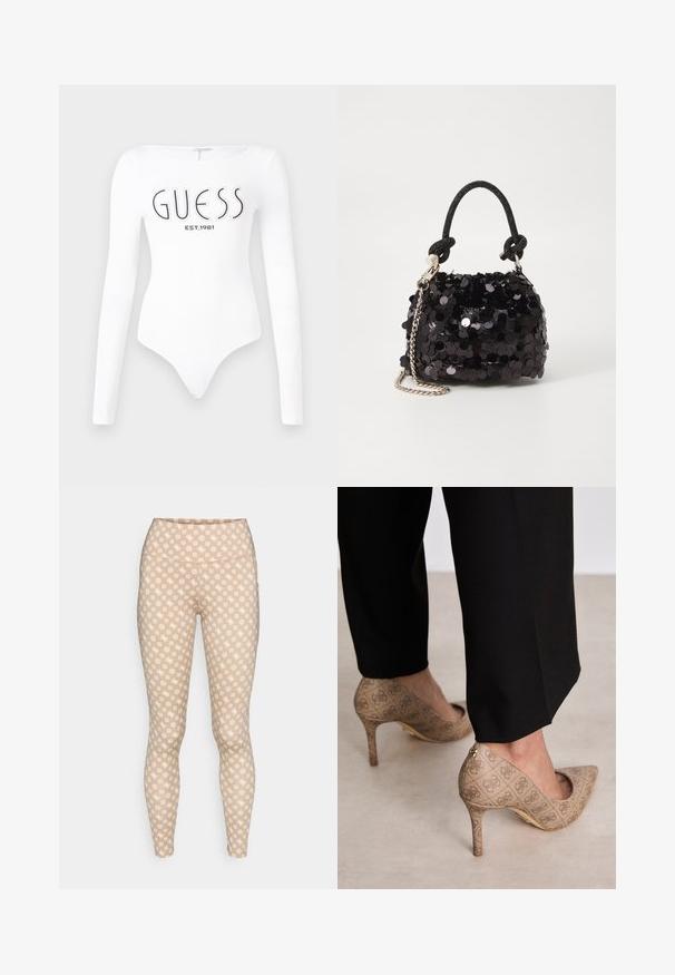 Valkoinen pitkähiha bodysuit, jossa on pyöreä pääntie. Edessä mustalla painettuna "GUESS" -logo ja "EST.1981". Sujuva rakenne.; Beige leggings dengan pola geometris putih yang berulang, dilengkapi dengan pinggang tinggi dan desain yang pas, terbuat dari kain stretch yang lembut.; Beige korkokenkiä, joissa on teksturoitu kangas, jossa on toistuva kuvio. Teräväkärkinen muotoilu, takana korostus ja kultaiset korkodetaalit.; Mustan paljetti-minilaukku, jossa on solmittu teksturoidu hihna ja hopeaketju. Pyöreä muoto, joissa on rypistetty yläosa ja heijastava yksityiskohta.