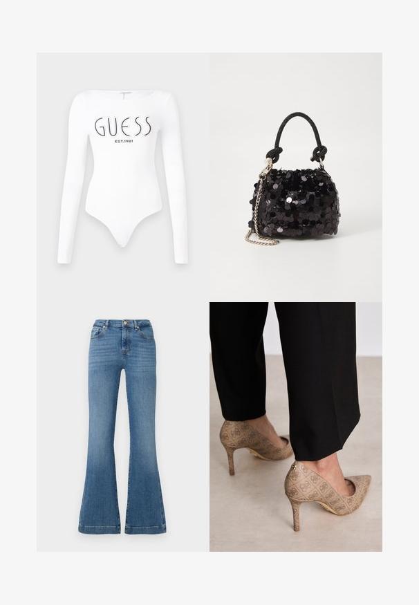 Hvid langærmet bodystocking med rund halsudskæring. Har "GUESS" logo og "EST.1981" trykt i sort på forsiden. Glat tekstur.; Blå flagrende jeans lavet af denim, med høj talje, fem-lomme design og subtil falming, samt synlige syninger.; Beige høje hæle med et struktureret stof, der har et gentaget mønster. Spids tådesign med en bagsideaccent og guldhælsdetail.; Sort pailette mini håndtaske med en knyttet struktureret rem og sølv kæde. Rund form med samlet top og reflekterende detaljer.