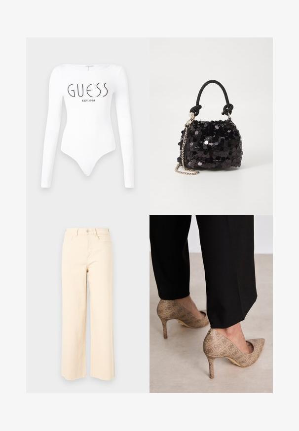 Valkoinen pitkähiha bodysuit, jossa on pyöreä pääntie. Edessä mustalla painettuna "GUESS" -logo ja "EST.1981". Sujuva rakenne.; Kerman leveleggsjeans i bomull med høy midje, knappelukking og to frontlommer med en jevn, strukturert overflate.; Beige korkokenkiä, joissa on teksturoitu kangas, jossa on toistuva kuvio. Teräväkärkinen muotoilu, takana korostus ja kultaiset korkodetaalit.; Mustan paljetti-minilaukku, jossa on solmittu teksturoidu hihna ja hopeaketju. Pyöreä muoto, joissa on rypistetty yläosa ja heijastava yksityiskohta.