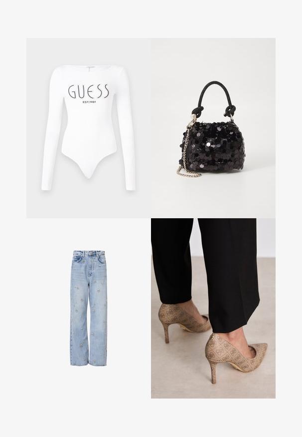 Hvit langermet bodysuit med rund halslinning. Har "GUESS"-logo og "EST.1981" trykt i svart på forsiden. Glatt tekstur.; Lyseblå denimjeans med en avslappet passform, prydet med sølvfarget blomsterbroderi over hele plagget og standard femlommers styling.; Beige høyhælte sko med teksturert stoff som har et gjentatt mønster. Spiss tådesign med bakdetalj og gullhelsjekk.; Svart paljettmini-veske med en knyttet teksturert stropp og sølvkjede. Rund form med samlet topp og reflekterende detaljer.