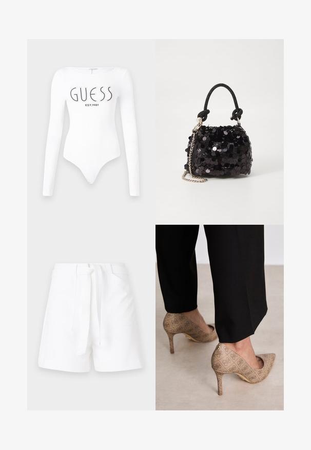 Hvit langermet bodysuit med rund halslinning. Har "GUESS"-logo og "EST.1981" trykt i svart på forsiden. Glatt tekstur.; Hvite shorts med knyting i livet, med to sidelommer og et glatt, teksturert stoff. Klassisk snitt med rene linjer.; Beige høyhælte sko med teksturert stoff som har et gjentatt mønster. Spiss tådesign med bakdetalj og gullhelsjekk.; Svart paljettmini-veske med en knyttet teksturert stropp og sølvkjede. Rund form med samlet topp og reflekterende detaljer.