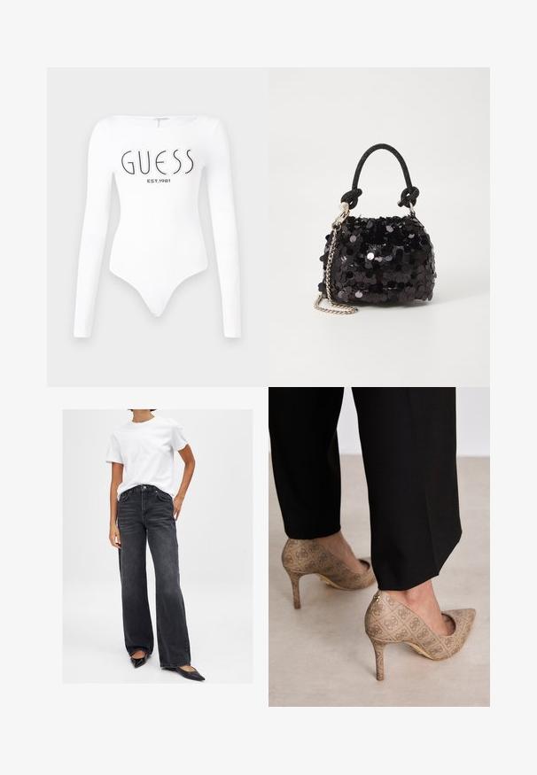 Witte lange mouw bodysuit met een ronde hals. Voorzien van het 'GUESS' logo en 'EST.1981' in het zwart gedrukt op de voorkant. Soepele textuur.; Zwarte wijde jeans met een hoge taille, vijf zakken en subtiele whiskering. Gecombineerd met een eenvoudige witte t-shirt en zwarte puntige flats.; Beige hoge hakken met een gestructureerde stof met een herhalend patroon. Puntige neusontwerp met een achteraccent en gouden hakdetail.; Zwarte pailletten mini handtas met een geknoopte textuurriem en zilveren ketting. Rondvormig met een geplooide bovenkant en reflecterende details.