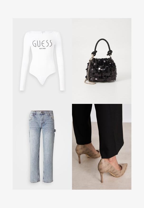 Witte lange mouw bodysuit met een ronde hals. Voorzien van het 'GUESS' logo en 'EST.1981' in het zwart gedrukt op de voorkant. Soepele textuur.; Niet gelukt om alternatieve tekst te genereren; Beige hoge hakken met een gestructureerde stof met een herhalend patroon. Puntige neusontwerp met een achteraccent en gouden hakdetail.; Zwarte pailletten mini handtas met een geknoopte textuurriem en zilveren ketting. Rondvormig met een geplooide bovenkant en reflecterende details.
