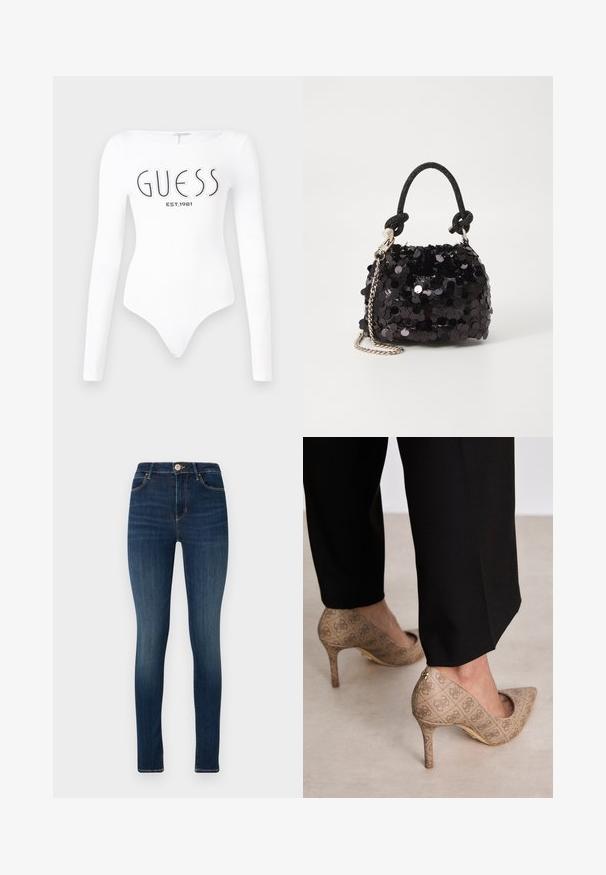 Hvit langermet bodysuit med rund halslinning. Har "GUESS"-logo og "EST.1981" trykt i svart på forsiden. Glatt tekstur.; Mørkeblå skinny jeans laget av denim, med frontlukking med knapp, fem-pocket design og subtil fading på lårene.; Beige høyhælte sko med teksturert stoff som har et gjentatt mønster. Spiss tådesign med bakdetalj og gullhelsjekk.; Svart paljettmini-veske med en knyttet teksturert stropp og sølvkjede. Rund form med samlet topp og reflekterende detaljer.