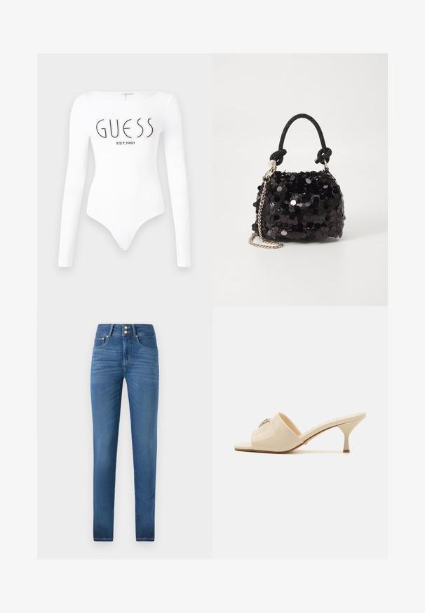 Bílý bodysuit s dlouhým rukávem a kulatým výstřihem. Na přední straně má tištěné logo "GUESS" a "EST.1981" v černé barvě. Hladká textura.; Džínové kalhoty s vysokým pasem v modré barvě s úzkým střihem, které mají dva knoflíky v pase, design s pěti kapsami a jemnou texturu.; Krémové lakované kožené sandály typu mule s otvorenou špičkou a nízkým stiletto podpatkem. Obsahují centrální dekorativní prvek na svršku. Hladký, lesklý povrch.; Černá mini kabelka s flitry, s uzlovým texturovaným popruhem a stříbrným řetízkem. Zaoblený tvar s nařaseným vrchem a reflexními detaily.