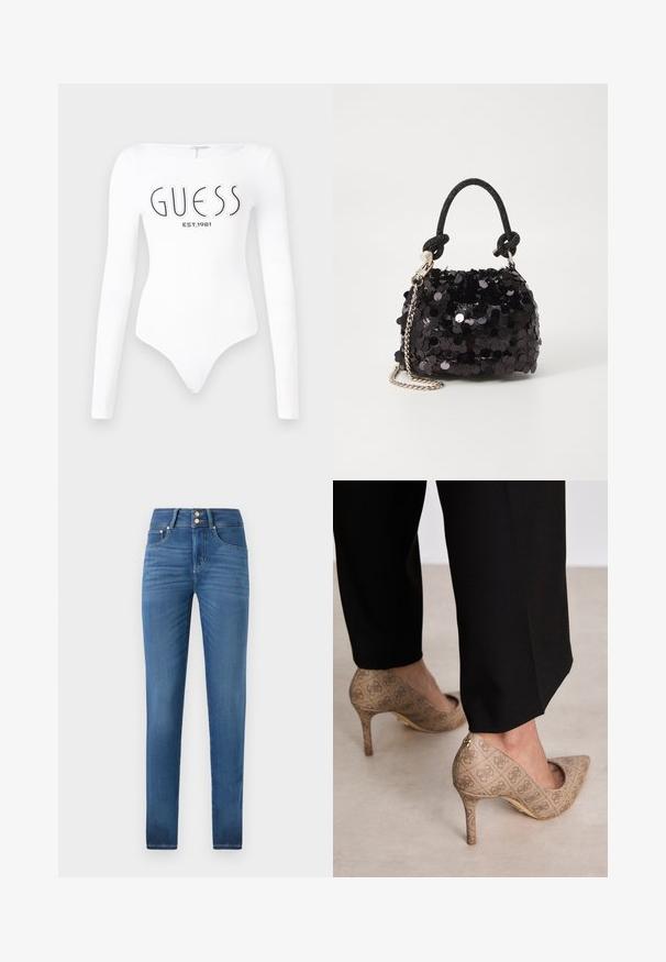 Bodysuit blanco de manga larga con escote redondo. Presenta el logo "GUESS" y "EST.1981" impresos en negro en la parte frontal. Textura suave.; Vaqueros de mezclilla azul de talle alto con un corte ajustado, que cuentan con dos botones en la cintura, diseño de cinco bolsillos y una textura suave.; Zapatos de tacón altos beige con una tela texturizada que presenta un patrón repetitivo. Diseño de punta afilada con un acento en la parte trasera y detalle de tacón dorado.; Bolso de mano mini negro con lentejuelas, con una correa de textura anudada y cadena plateada. Forma redondeada con parte superior fruncida y detalles reflectantes.